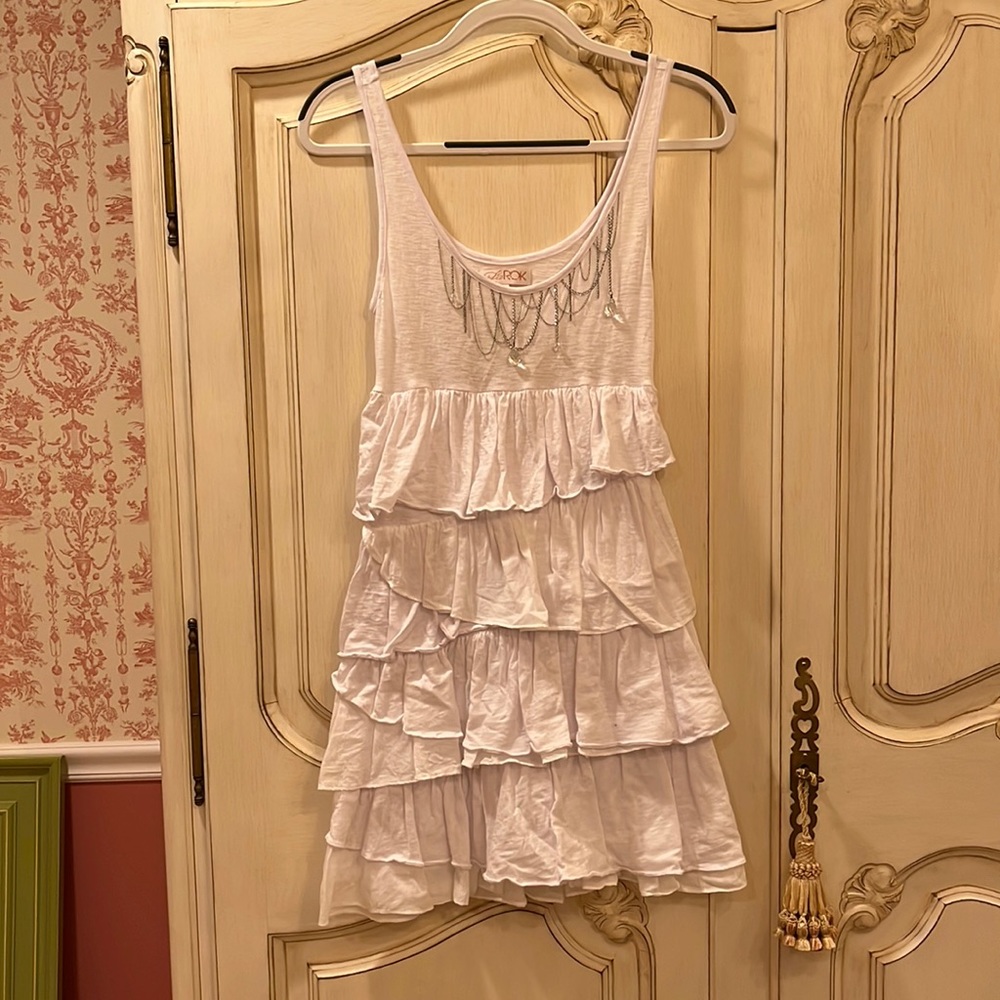 La Rok White Ruffled Dress with Chain and Jewel details worn once